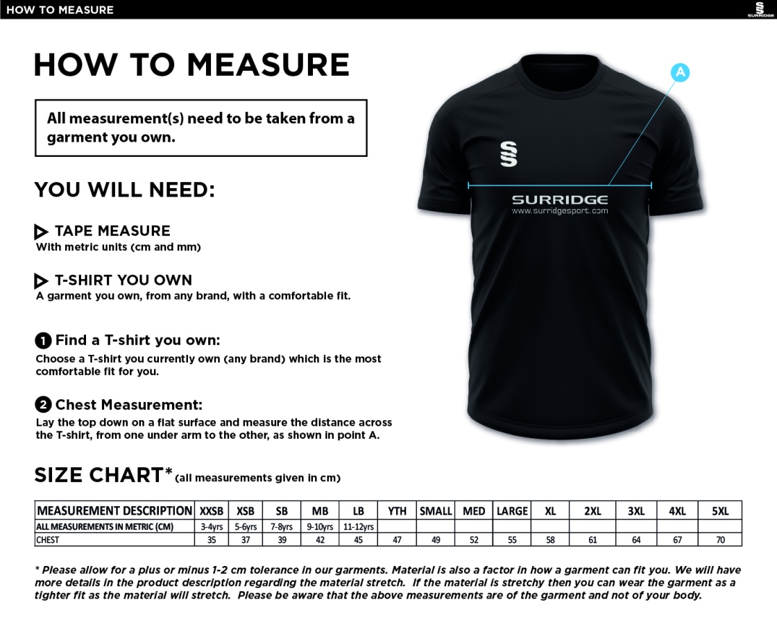 Nelson Dressers Dual Training Shirt - Size Guide