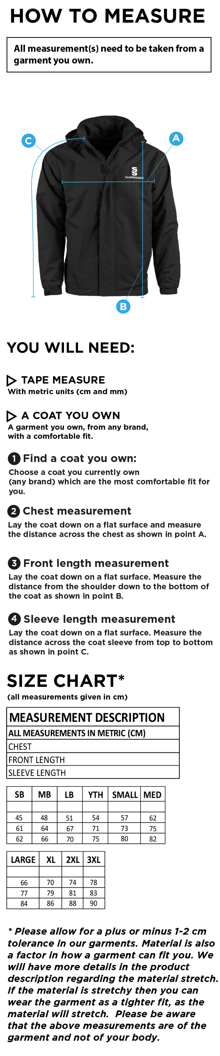 Nelson Dressers Fleeced Line Jacket - Size Guide