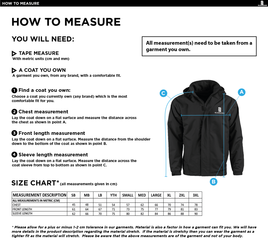 Nelson Dressers Fleeced Line Jacket - Size Guide